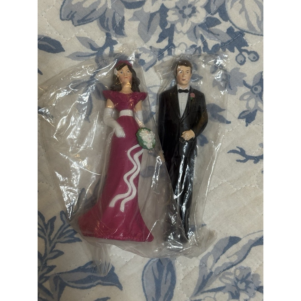 Vintage 1991 Wilton Wedding Cake Toppers Pink Bridesmaid & Groomsman 4.5in NIP